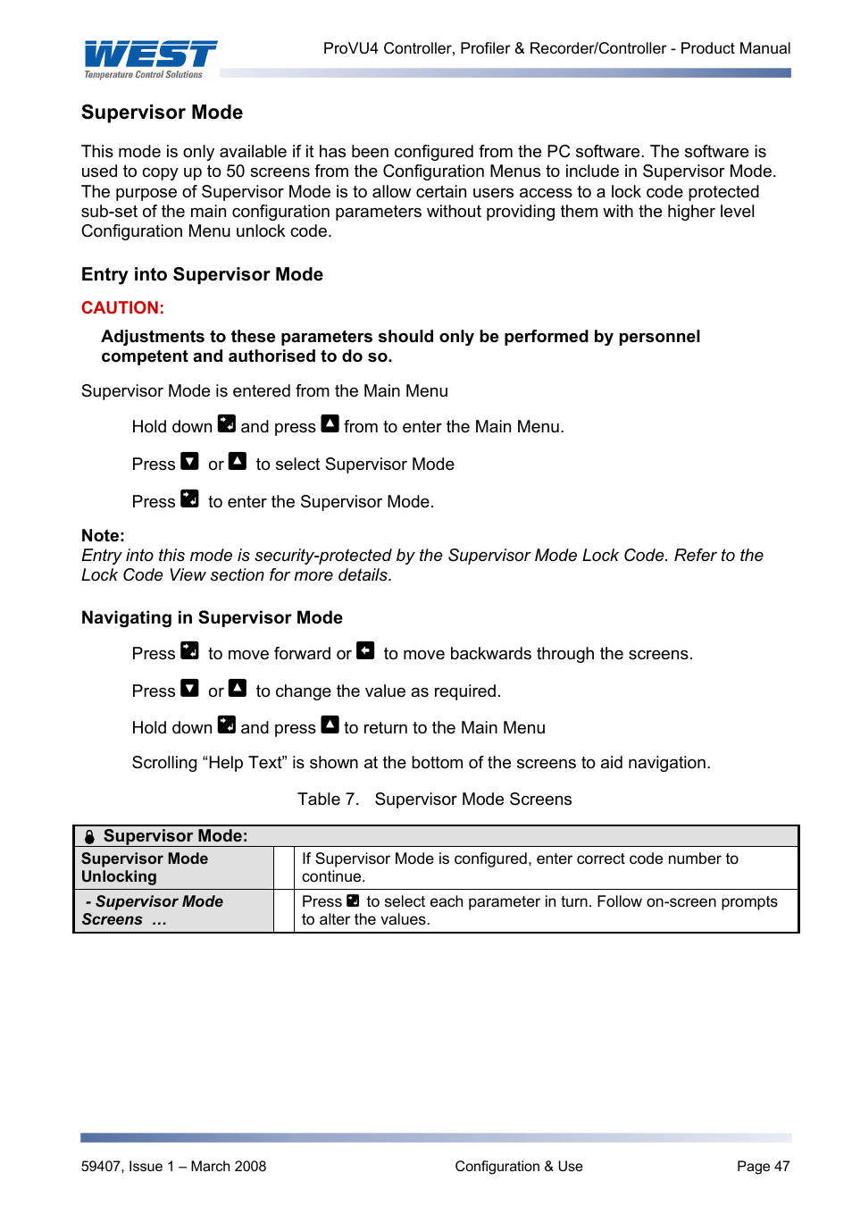 Supervisor mode, Entry into supervisor mode, Navigating in supervisor mode | Configuration menu | West Control Solutions ProVU 4 User Manual | Page 48 / 184