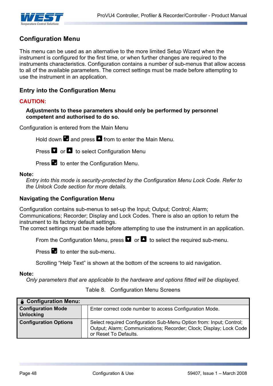 Configuration menu, Entry into the configuration menu, Navigating the configuration menu | West Control Solutions ProVU 4 User Manual | Page 49 / 184