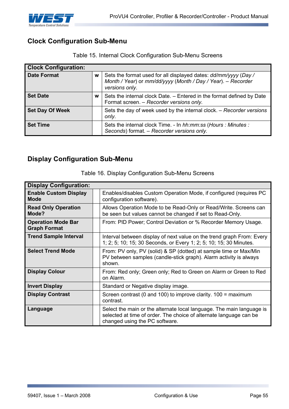 Clock configuration sub-menu, Display configuration sub-menu, Lock code view section of this manual | West Control Solutions ProVU 4 User Manual | Page 56 / 184