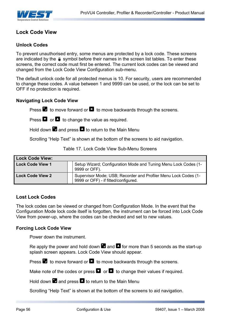 Lock code view, Navigating lock code view, Lost lock codes | Forcing lock code view | West Control Solutions ProVU 4 User Manual | Page 57 / 184