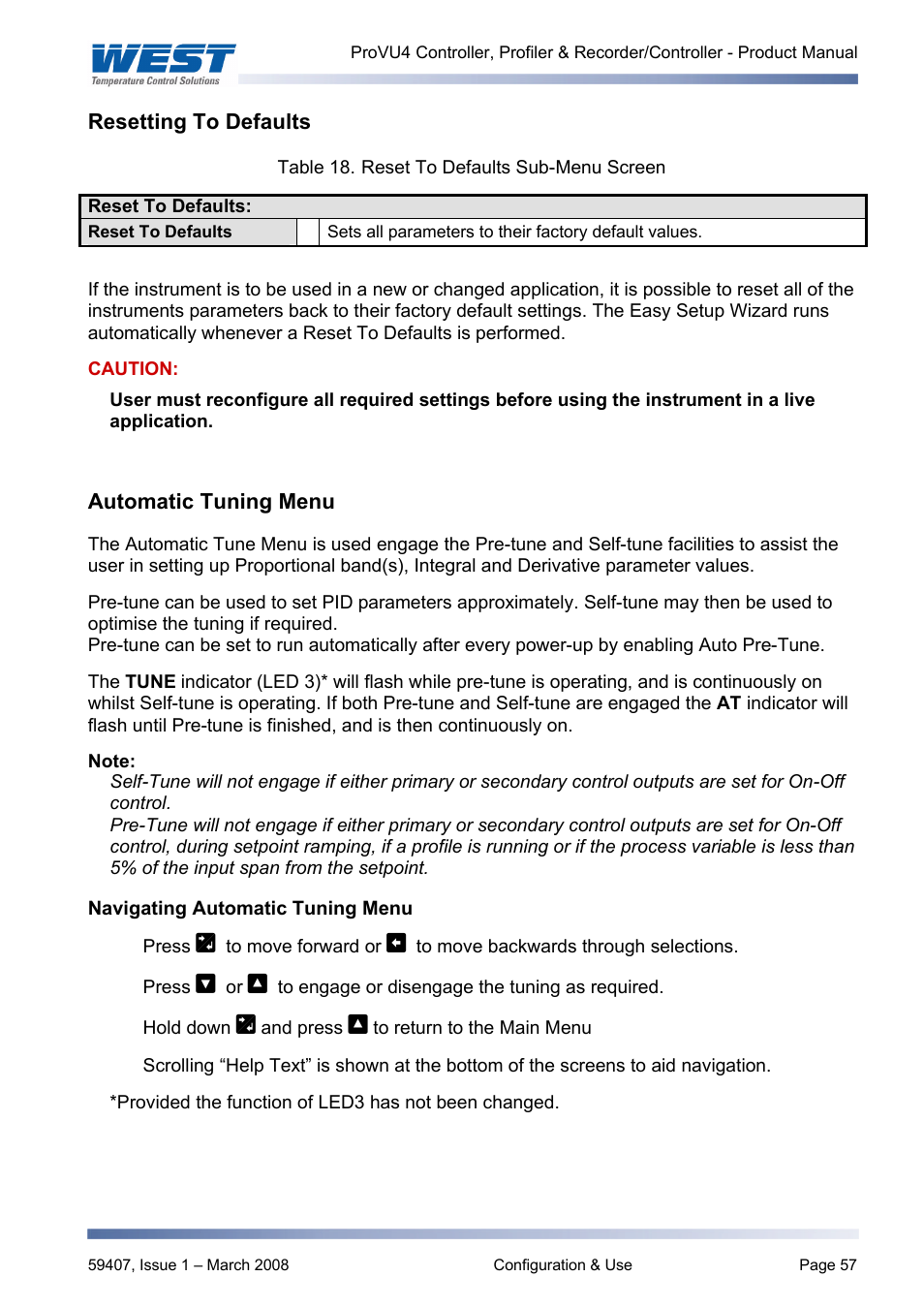 Resetting to defaults, Automatic tuning menu, Automatic tuning | West Control Solutions ProVU 4 User Manual | Page 58 / 184