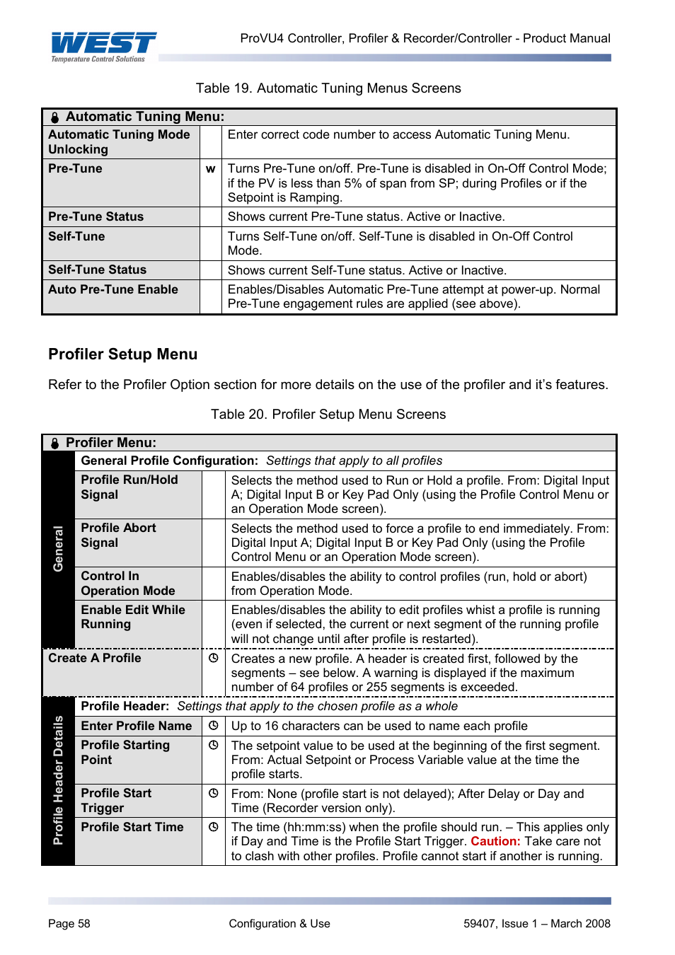 Profiler setup menu, Profile setup menu, Usb menu | West Control Solutions ProVU 4 User Manual | Page 59 / 184