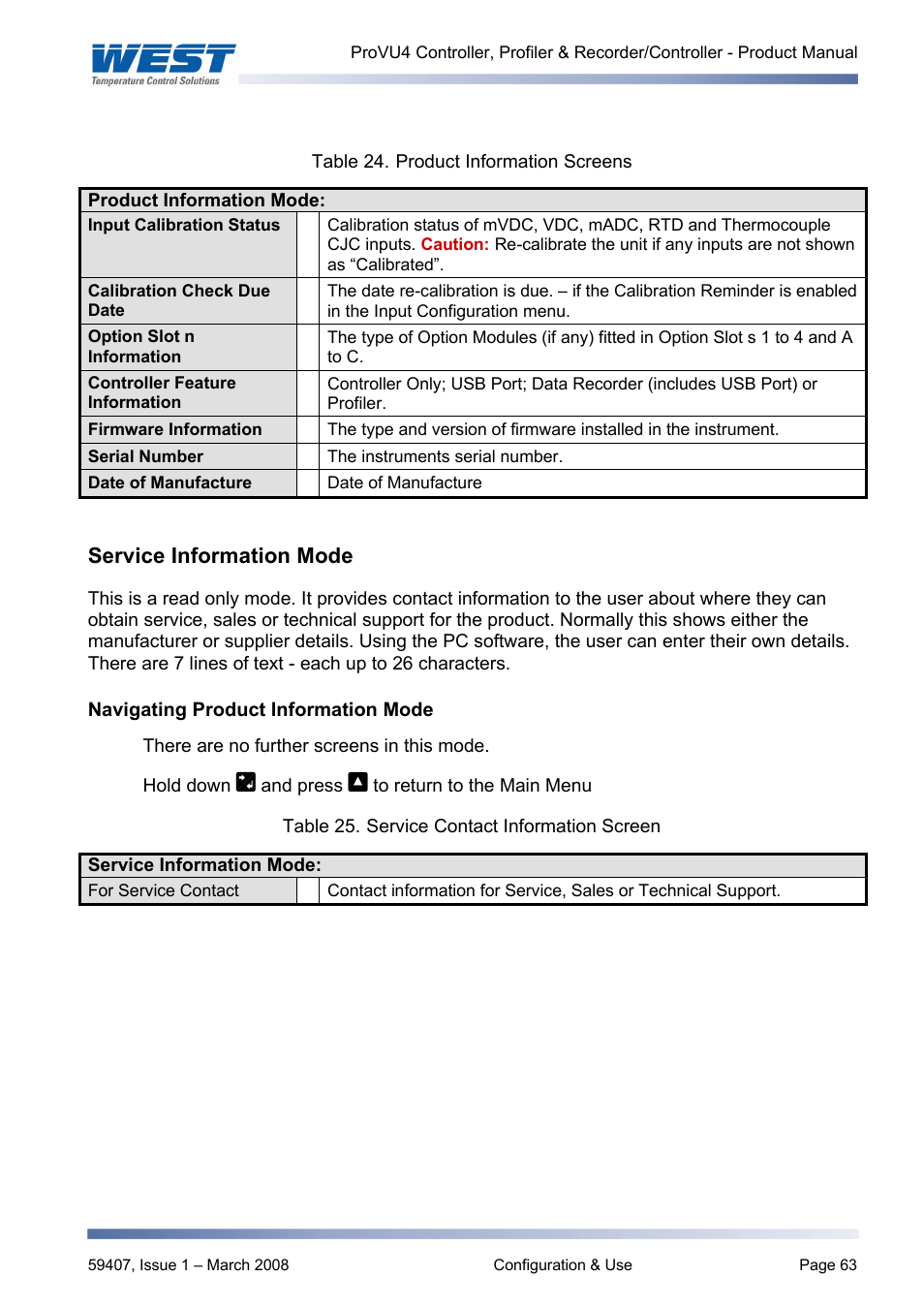 Service information mode, Service information | West Control Solutions ProVU 4 User Manual | Page 64 / 184