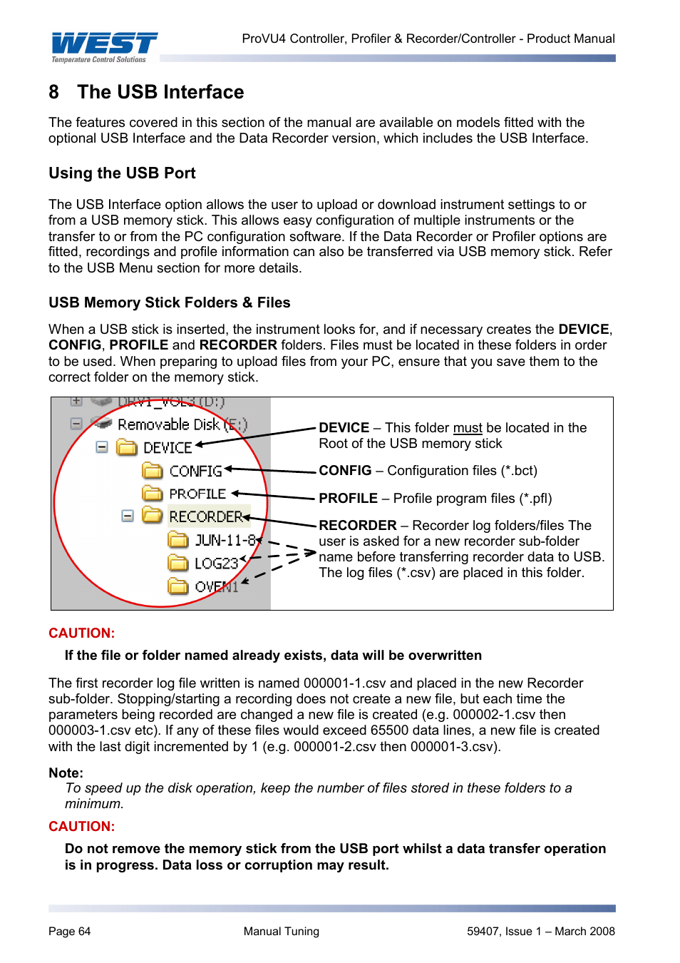 The usb interface, Using the usb port, Usb memory stick folders & files | The usb interface option, The data recorder option, Manually tuning controllers, 8 the usb interface | West Control Solutions ProVU 4 User Manual | Page 65 / 184