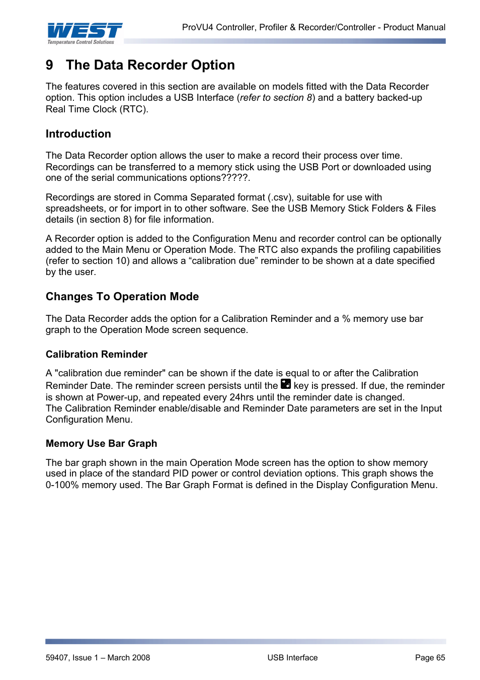 The data recorder option, Introduction, Changes to operation mode | Memory use bar graph, The profiler option, 9 the data recorder option | West Control Solutions ProVU 4 User Manual | Page 66 / 184