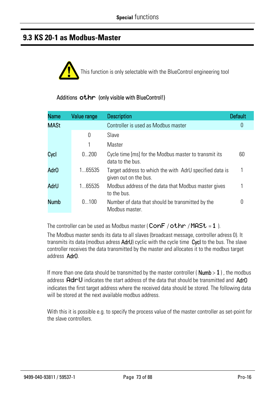 3 ks 20-1 as modbus-master, Functions | West Control Solutions Pro-16 User Manual | Page 73 / 88