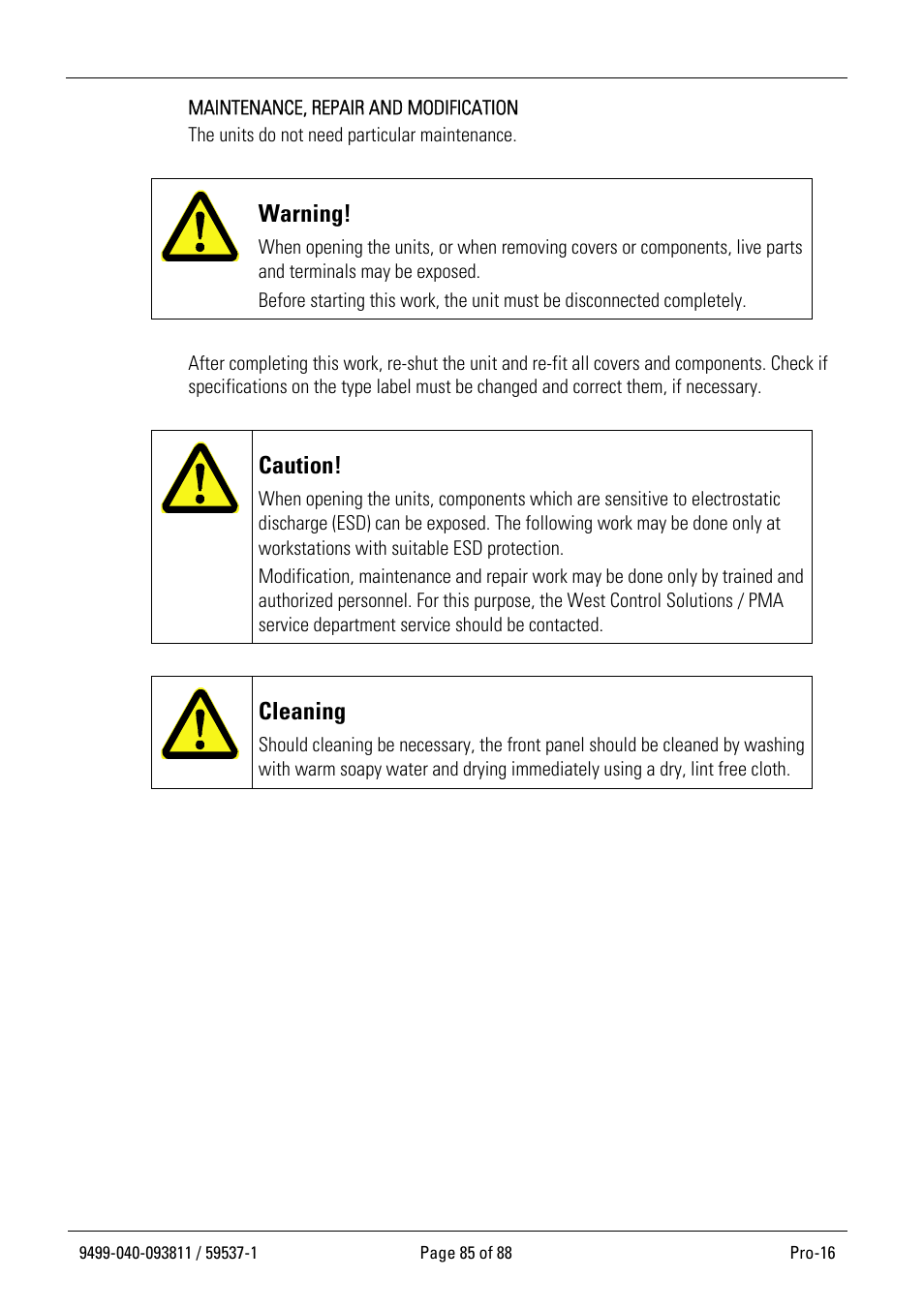 Warning, Caution, Cleaning | West Control Solutions Pro-16 User Manual | Page 85 / 88