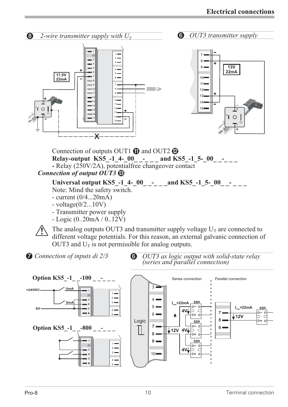 Di2/3, 2-wire transmitter supply 10, Out3 as logic output 10, Out3 transmitter supply 10 | Electrical connections, Is not permissible for analog outputs, 6 out3 transmitter supply, 8 2-wire transmitter supply with u, 7 connection of inputs di 2/3, Option ks5, Pro-8 10 terminal connection | West Control Solutions Pro-8 User Manual | Page 10 / 72