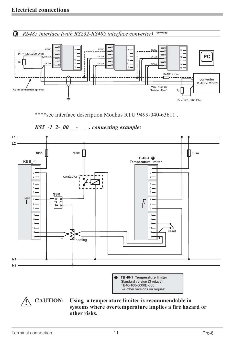 Rs485 interface 11, Electrical connections, Terminal connection 11 pro-8 | West Control Solutions Pro-8 User Manual | Page 11 / 72