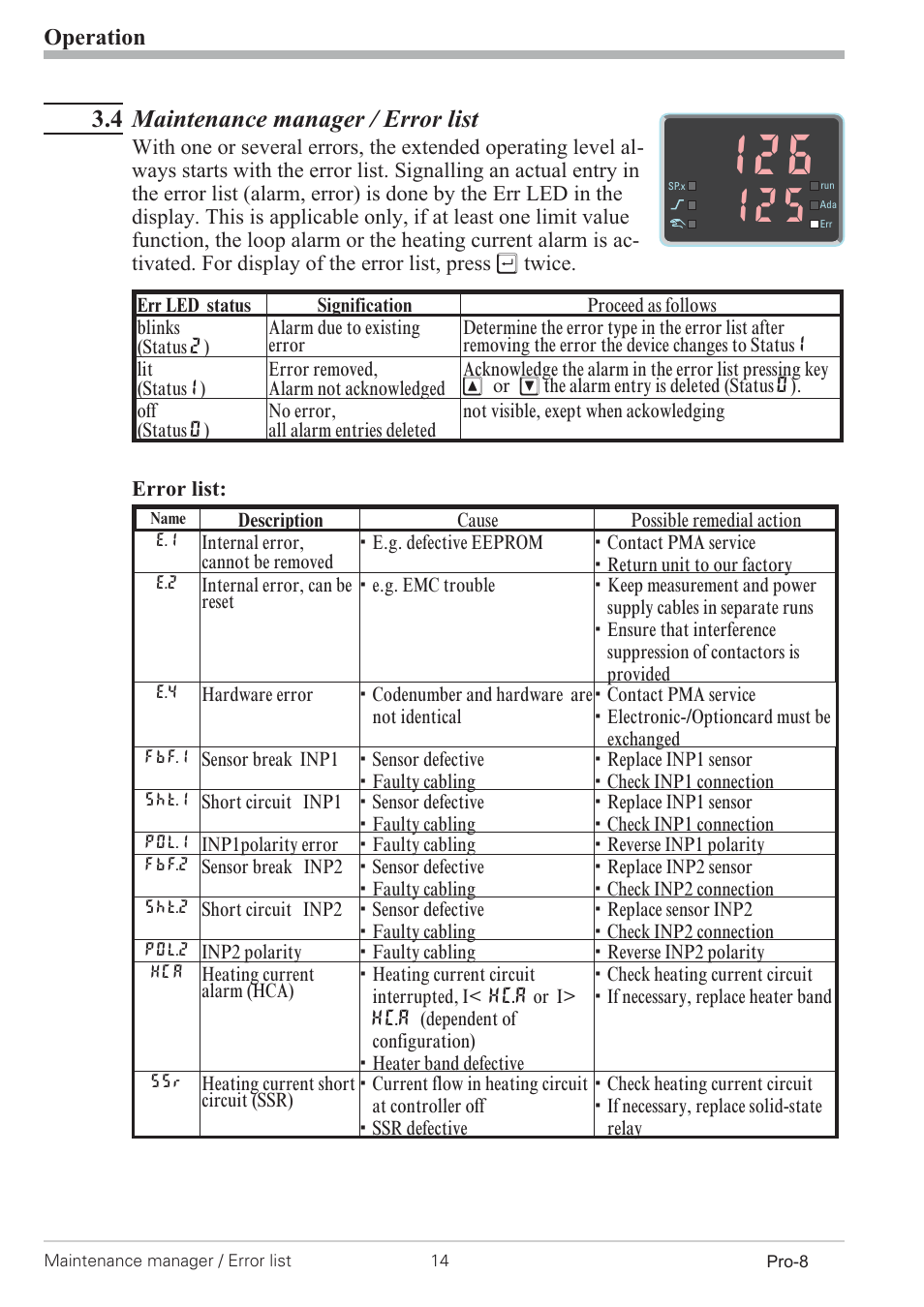 4 maintenance manager / error list 14, Error list 14, Maintenance manager 14 - 15 | 4 maintenance manager / error list, Operation | West Control Solutions Pro-8 User Manual | Page 14 / 72