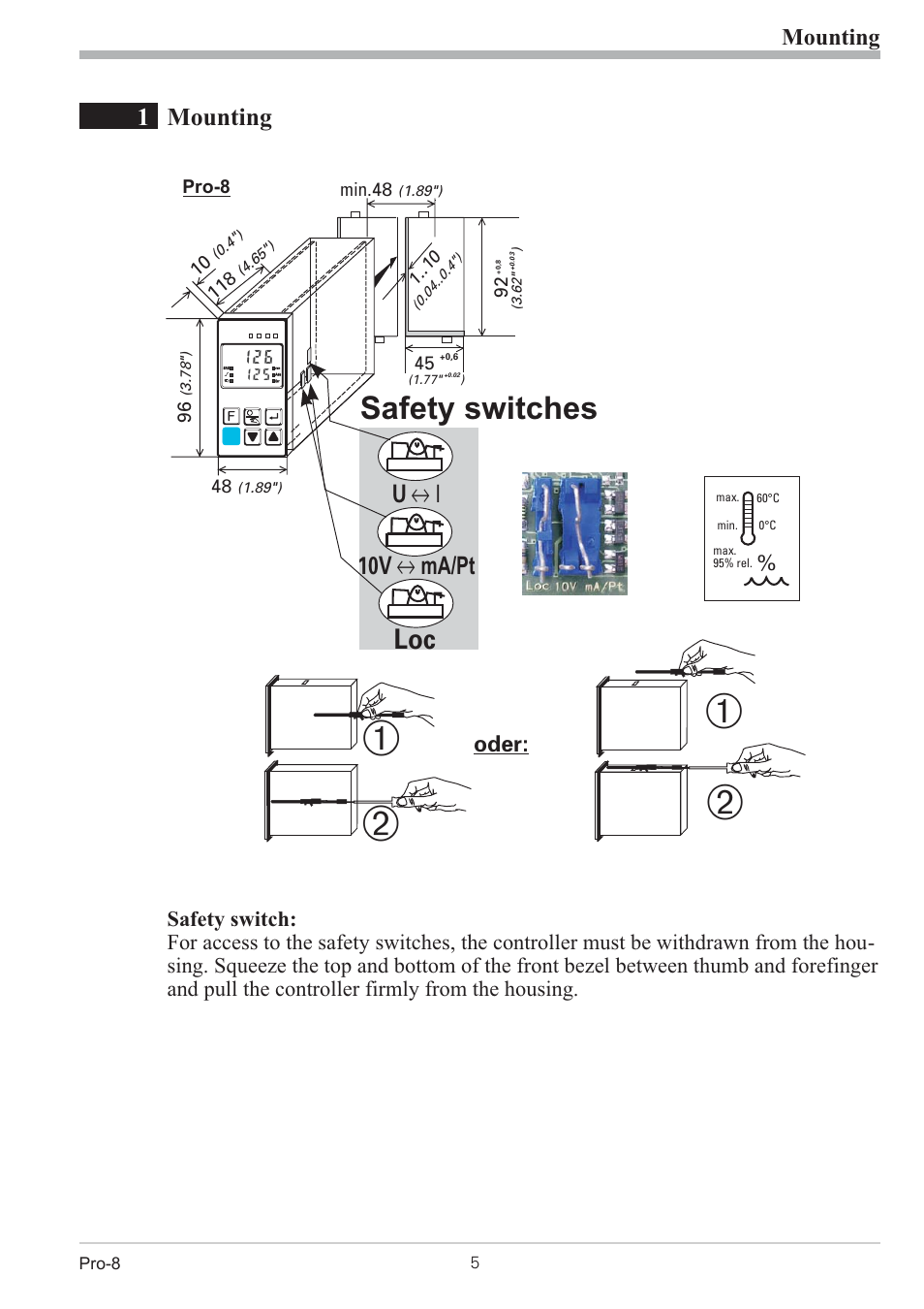 1 mounting 5, Mounting 5 - 6, Safety switch 5 | Safety switches, 1mounting, 10v i ma/pt u i i, Mounting, Oder | West Control Solutions Pro-8 User Manual | Page 5 / 72