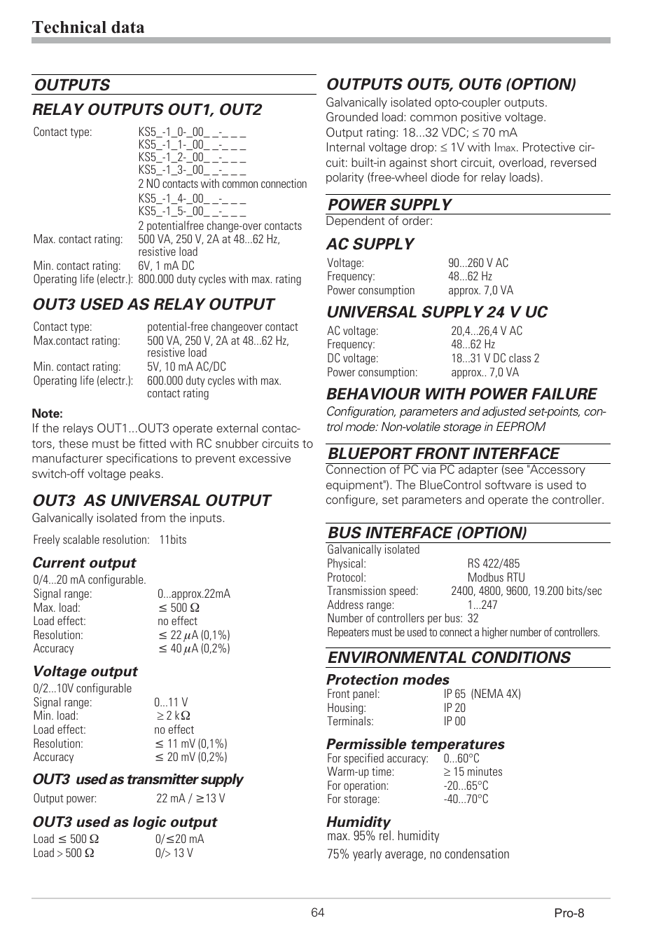 11 technical data 64, Technical data 64, Current signal measuring range 64 | Resistance thermometer measuring range 64, Thermocouple measuring range 64, Voltage signal measuring range 64, Technical data, Outputs relay outputs out1, out2, Out3 used as relay output, Out3 as universal output | West Control Solutions Pro-8 User Manual | Page 64 / 72