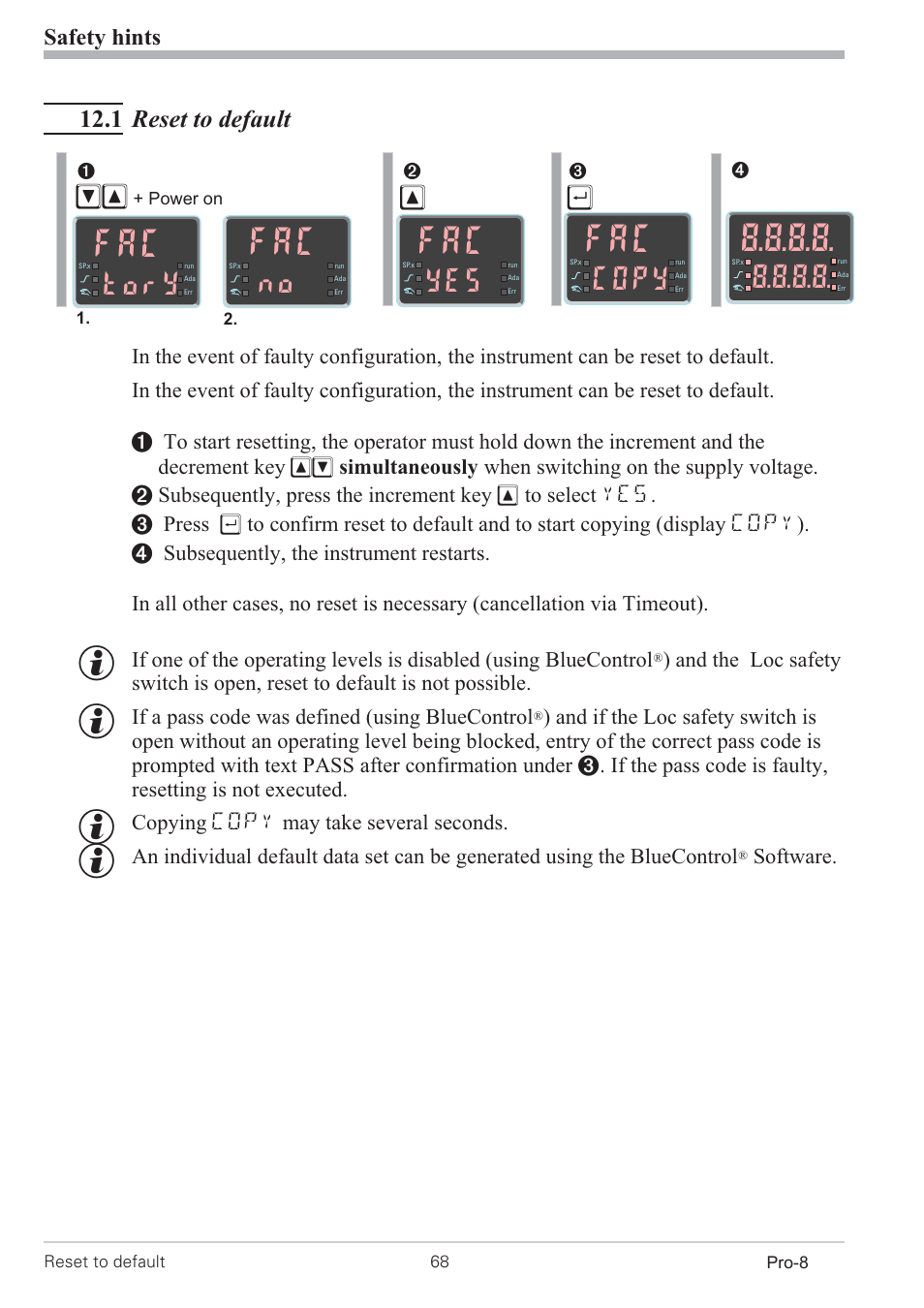 Tory, Copy, 1 reset to default | Safety hints | West Control Solutions Pro-8 User Manual | Page 68 / 72