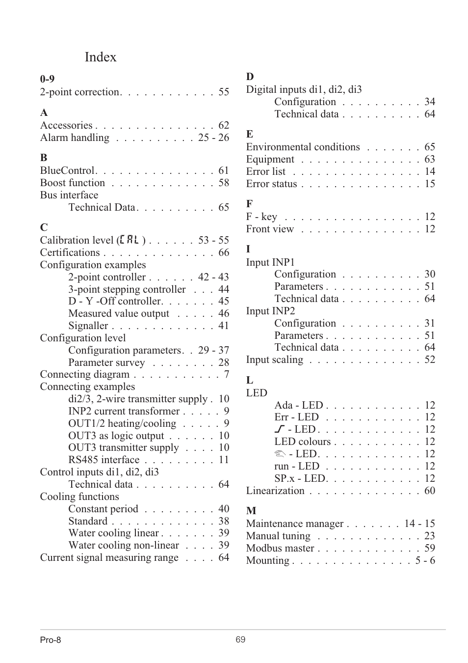 1 reset to default 69, Reset to default 69, Index | West Control Solutions Pro-8 User Manual | Page 69 / 72