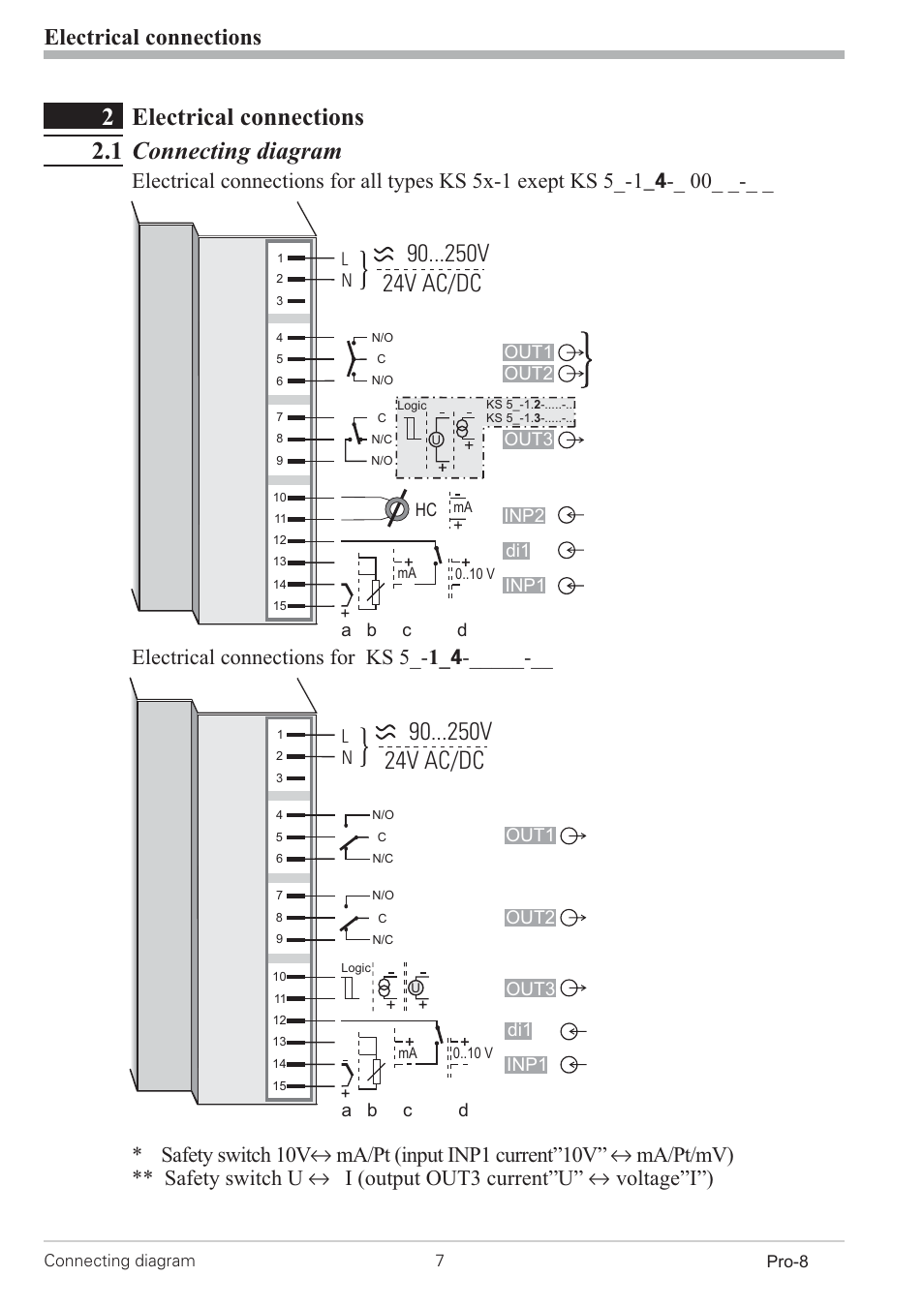 2 electrical connections 7, 1 connecting diagram 7, Connecting diagram 7 | 2electrical connections 2.1 connecting diagram, 90 v 24v ac/dc, Electrical connections, A b c d | West Control Solutions Pro-8 User Manual | Page 7 / 72