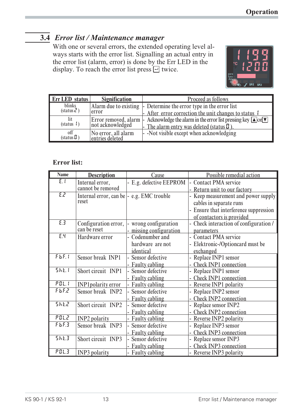 4 error list / maintenance manager 13, Error list 13, Mainenance manager 13 - 15 | 4 error list / maintenance manager, Operation | West Control Solutions Pro-4 User Manual | Page 13 / 84