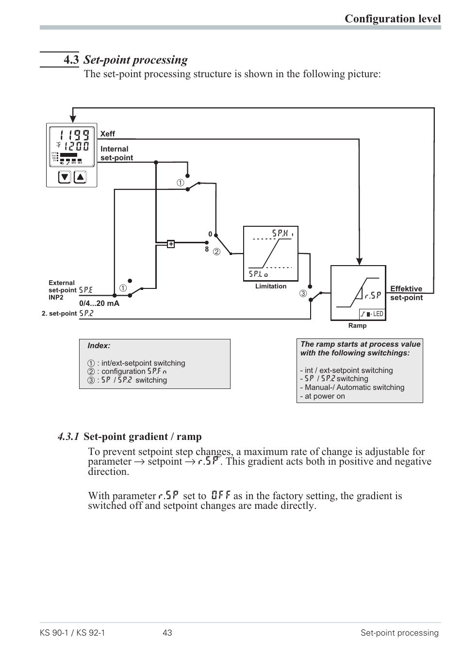 3 set-point processing 43, 1 set-point gradient / ramp 43, Ramp 43 | Set-point gradient 43, Set-point processing 43, 3 set-point processing, Configuration level | West Control Solutions Pro-4 User Manual | Page 43 / 84