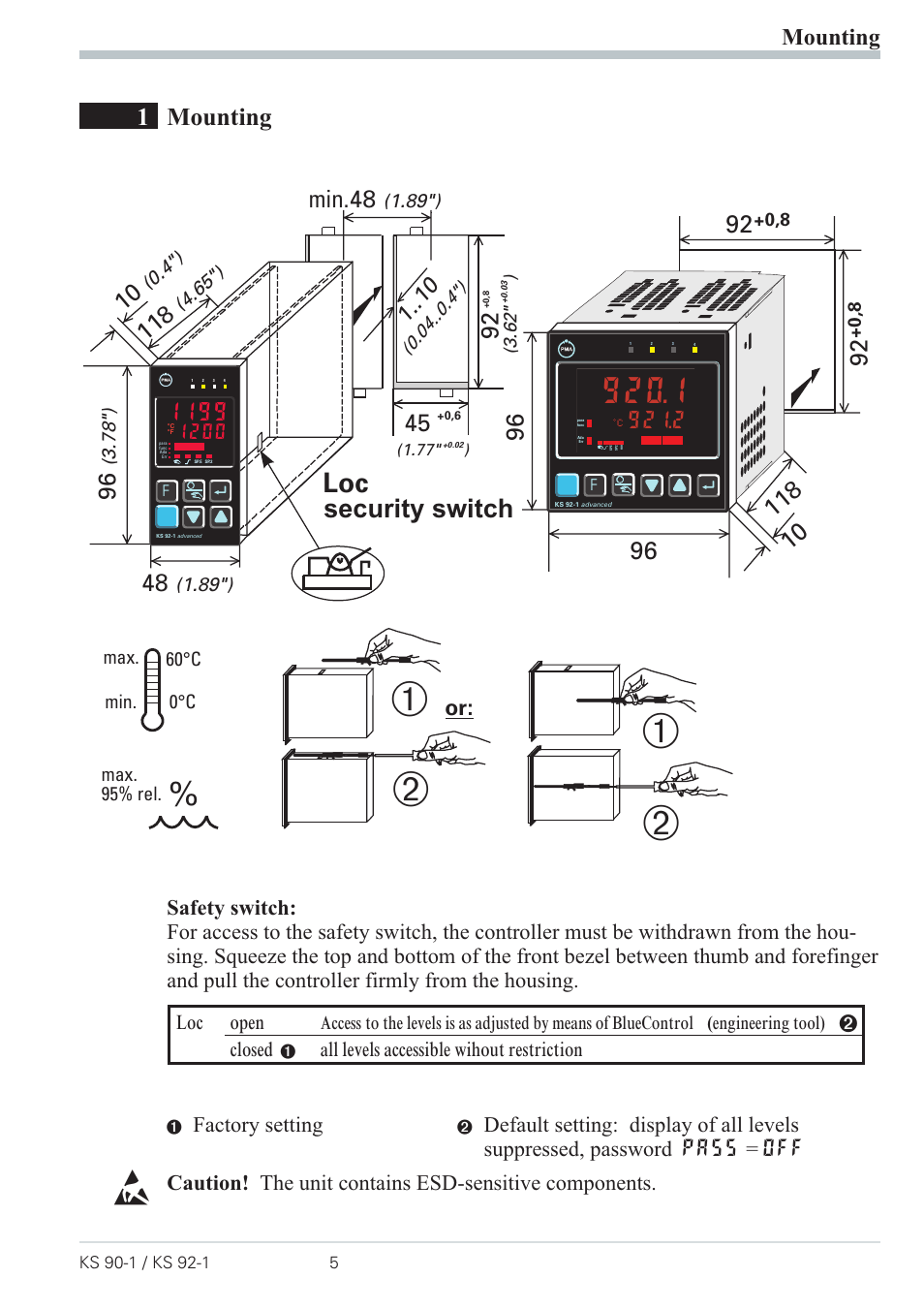 1 mounting 5, Mounting 5, Safety switch 5 | Ь * ь, Security switch, 1mounting, Min.48, Mounting, Factory setting, Loc open | West Control Solutions Pro-4 User Manual | Page 5 / 84