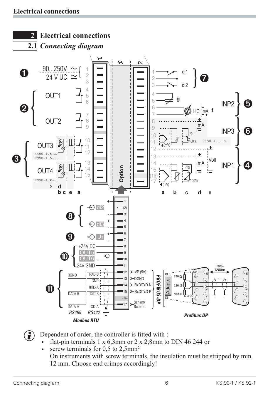 2 electrical connections 6, 1 connecting diagram 6, Connecting diagram 6 | 2electrical connections 2.1 connecting diagram, Electrical connections, Inp2 inp3 inp1 | West Control Solutions Pro-4 User Manual | Page 6 / 84