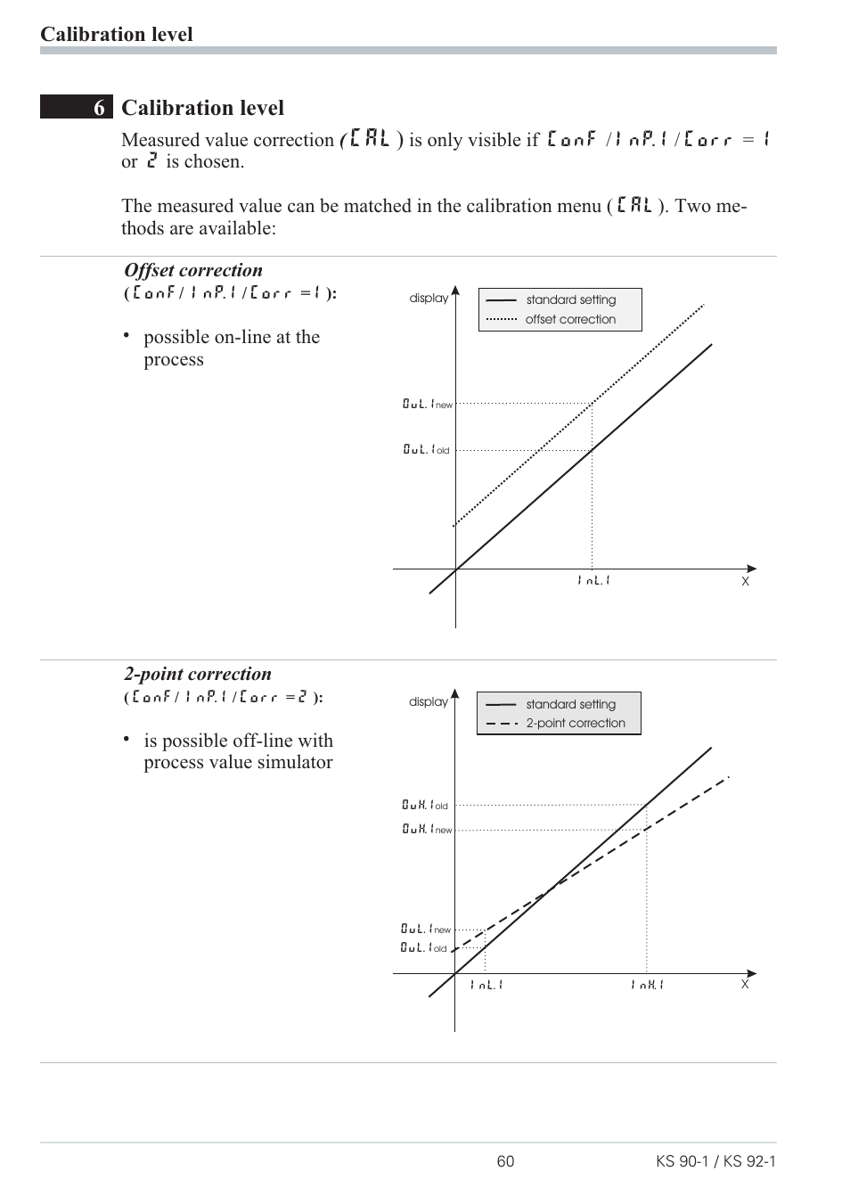 1 input inp.1 and inp.3 60, 2 input inp.2 60, 6calibration level | Cal), Calibration level, Measured value correction | West Control Solutions Pro-4 User Manual | Page 60 / 84
