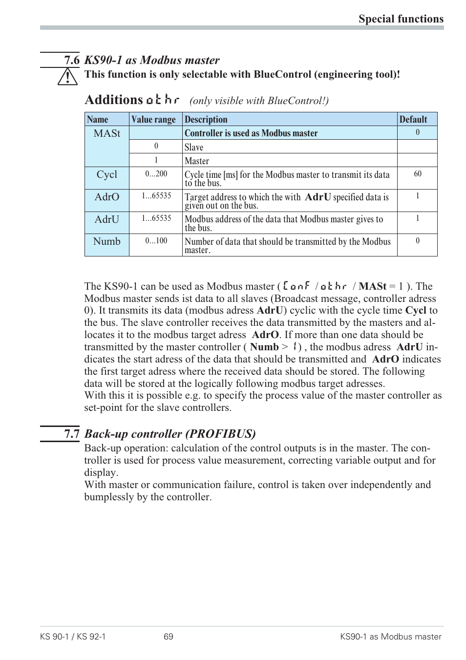 4 loop alarm 69, 5 heating current input / heating current alarm 69, Additions othr | 6 ks90-1 as modbus master, 7 back-up controller (profibus) | West Control Solutions Pro-4 User Manual | Page 69 / 84