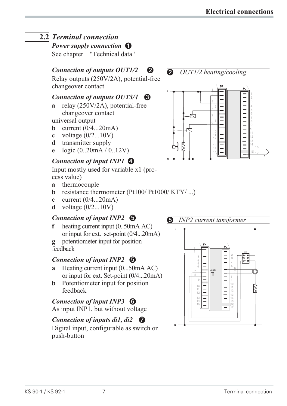 2 terminal connection 7, Inp2 current transformer 7, Out1/2 heating/cooling 7 | 2 terminal connection, Electrical connections, 2 out1/2 heating/cooling, 5 inp2 current tansformer | West Control Solutions Pro-4 User Manual | Page 7 / 84
