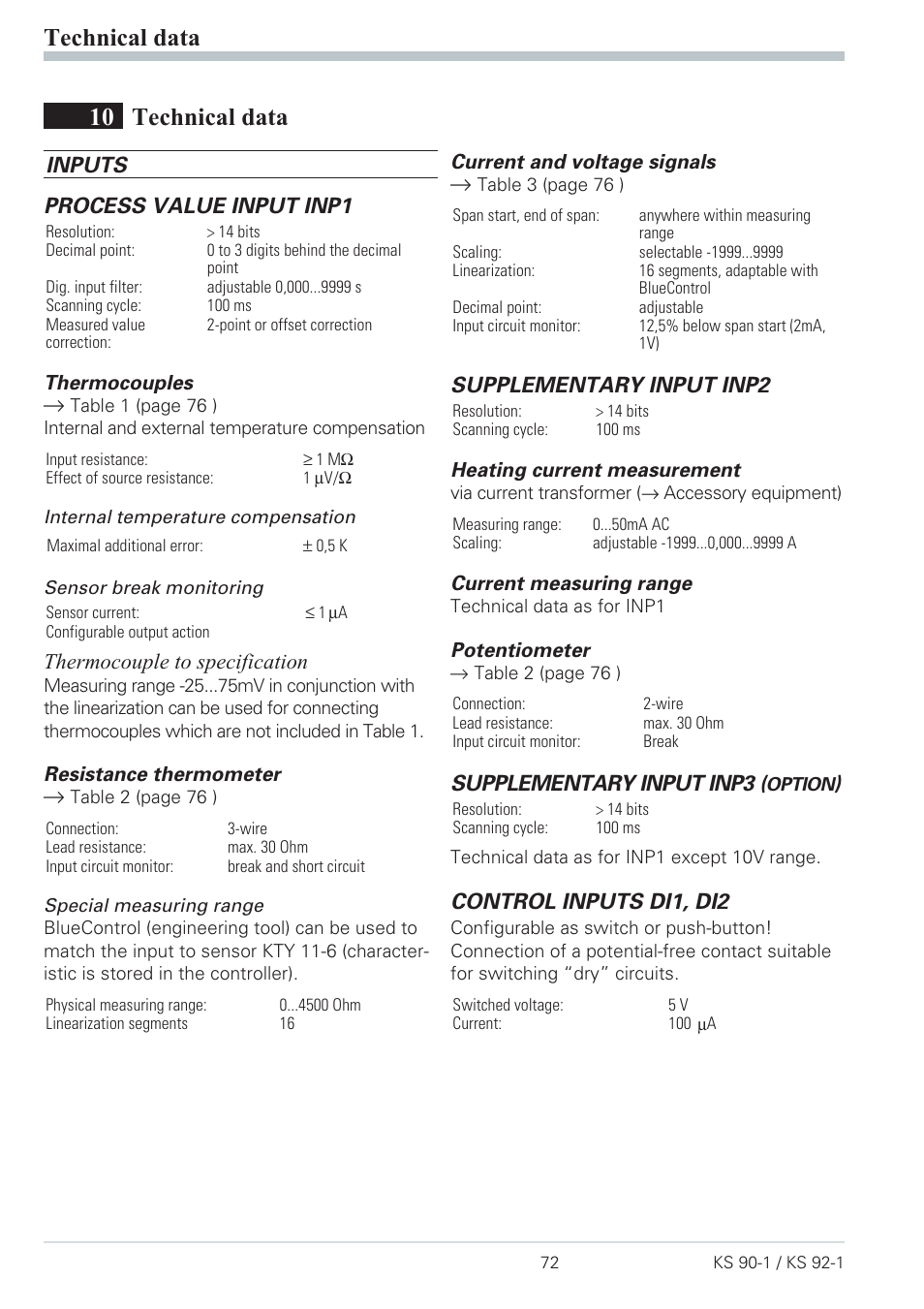 9 versions 72, Equipment 72, Versions 72 | 10 technical data, Technical data, Inputs process value input inp1, Thermocouple to specification, Supplementary input inp2, Supplementary input inp3, Control inputs di1, di2 | West Control Solutions Pro-4 User Manual | Page 72 / 84