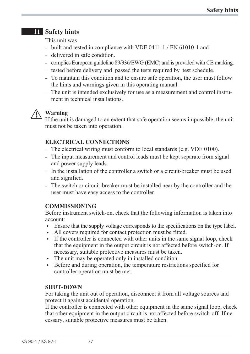 11 safety hints 77, Safety hints 77 - 78, 11 safety hints | West Control Solutions Pro-4 User Manual | Page 77 / 84