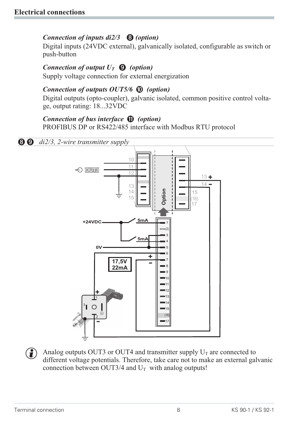 Di2/3, 2-wire transmitter supply 8, Electrical connections, With analog outputs | West Control Solutions Pro-4 User Manual | Page 8 / 84
