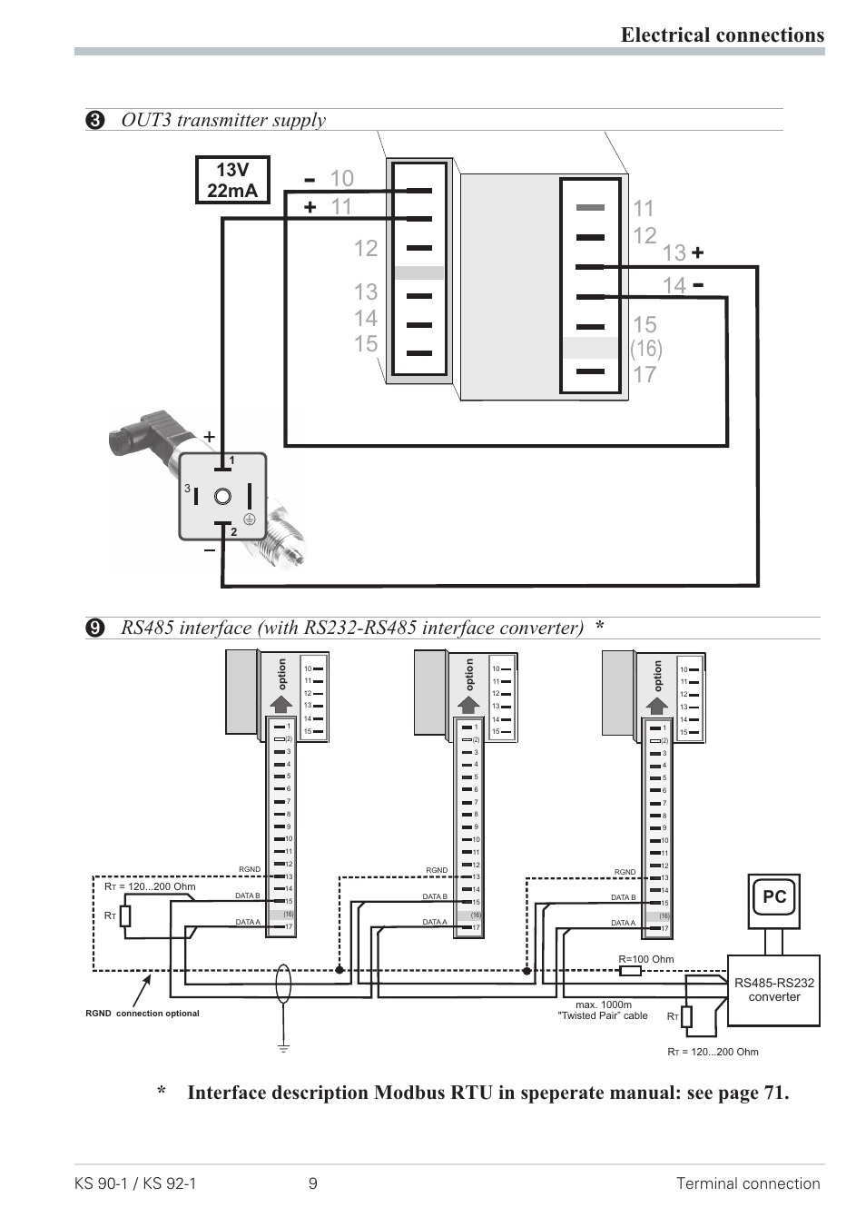 Out3 transmitter supply 9, Rs485 interface 9, Electrical connections | 3 out3 transmitter supply, 13v 22ma | West Control Solutions Pro-4 User Manual | Page 9 / 84