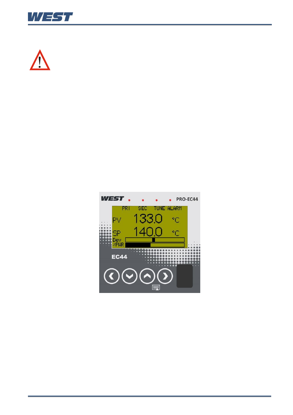 5 powering up, Powering up procedure, Front panel overview | Display, Powering up | West Control Solutions Pro-EC44 User Manual | Page 36 / 274