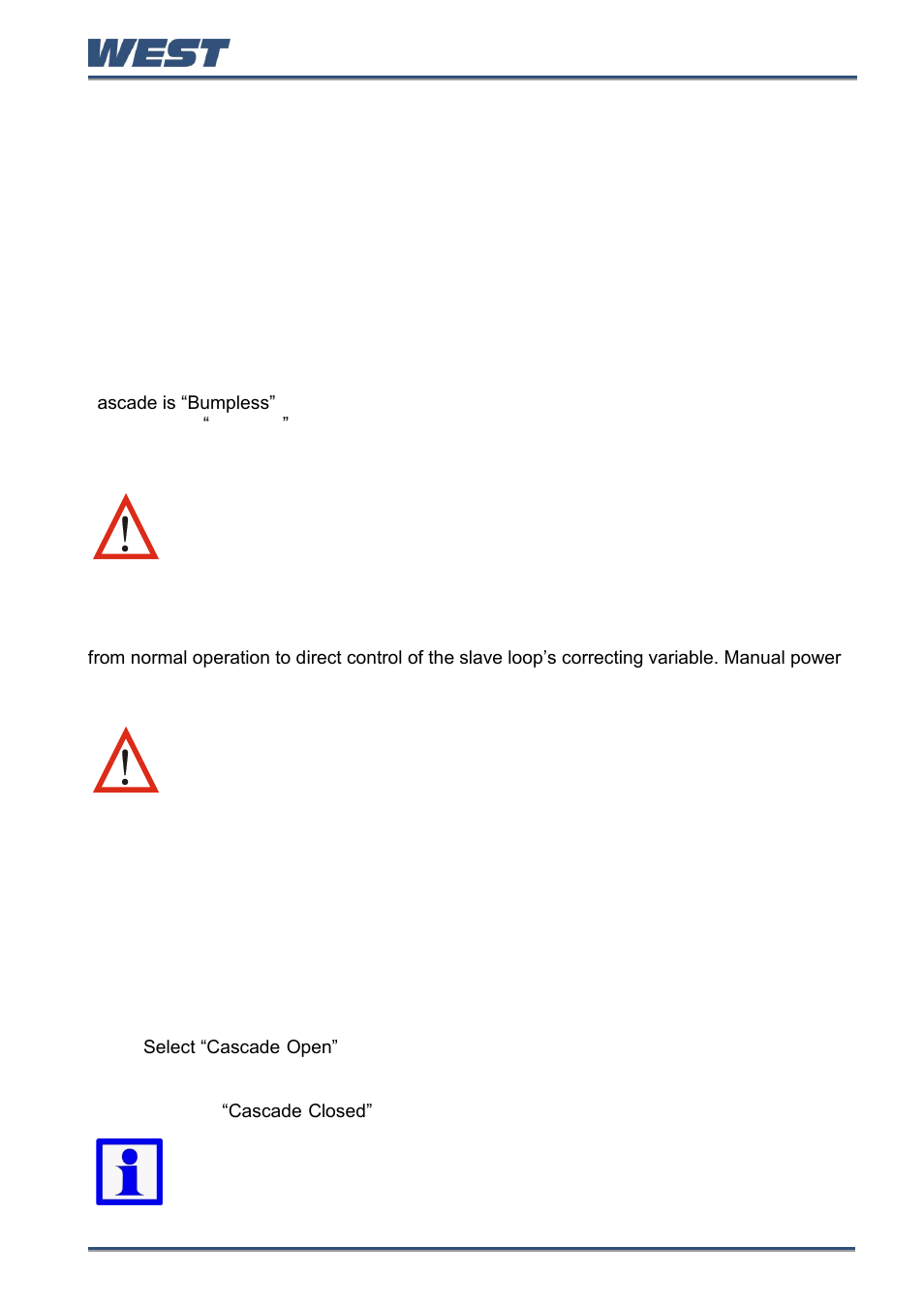 Normal cascade operation, Cascade-open, Manual mode | Cascade tuning, To automatically pre-tune a cascade | West Control Solutions Pro-EC44 User Manual | Page 86 / 274