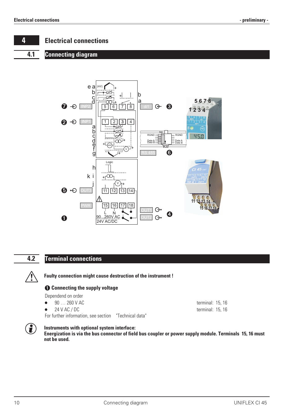 Electrical connections 10, 1 connecting diagram 10, 2 terminal connections 10 | Connecting diagram 10, Terminal connections 10 - 11, Electrical connections 4.1, Connecting diagram, Terminal connections | West Control Solutions CI 45 User Manual | Page 10 / 60