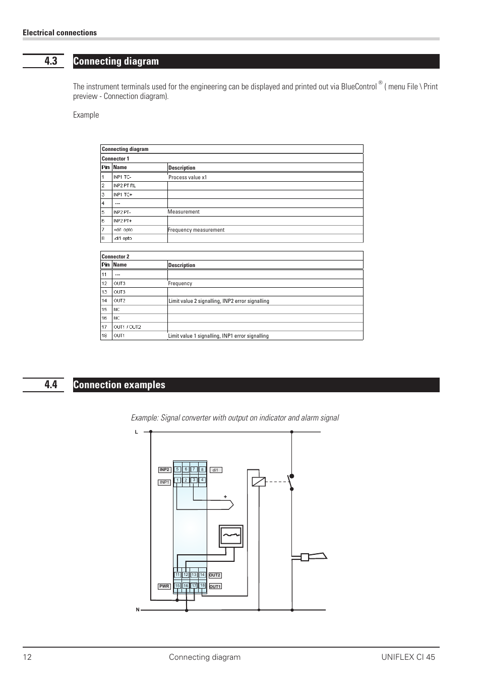 3 connecting diagram 12, 4 connection examples 12, Connecting diagram | Connection examples | West Control Solutions CI 45 User Manual | Page 12 / 60