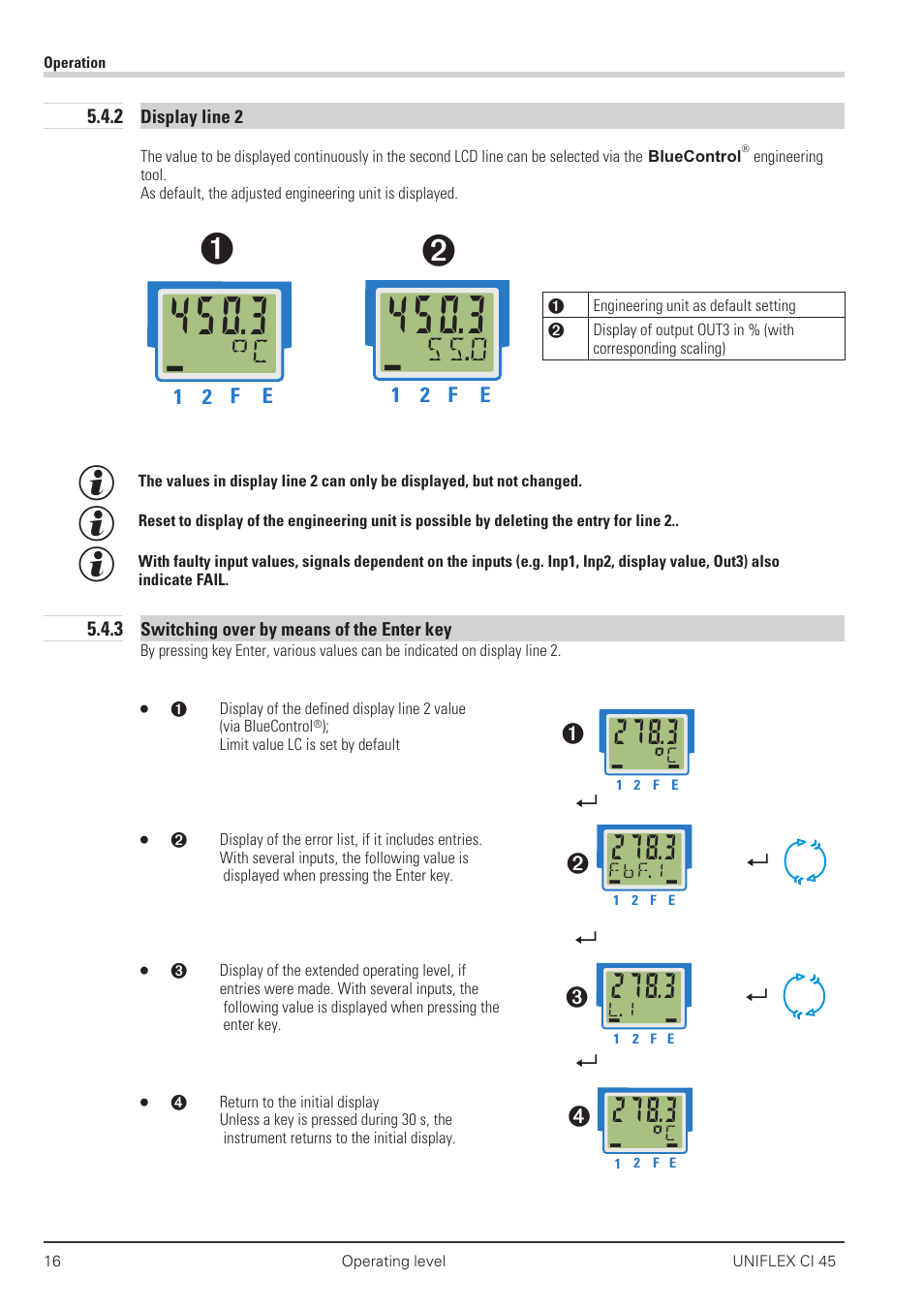 2 display line 2 16, 3 switching over by means of the enter key 16, Ыc дььь | 0 дььь | West Control Solutions CI 45 User Manual | Page 16 / 60