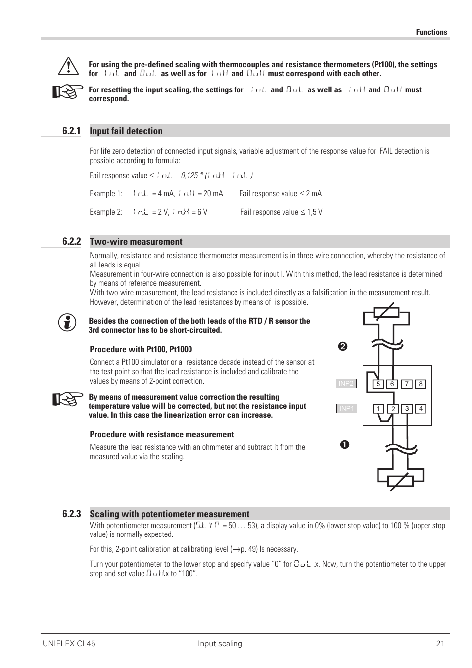 1 input fail detection 21, 2 two-wire measurement 21, 3 scaling with potentiometer measurement 21 | Input fail detection 21, Two-wire measurement 21 | West Control Solutions CI 45 User Manual | Page 21 / 60