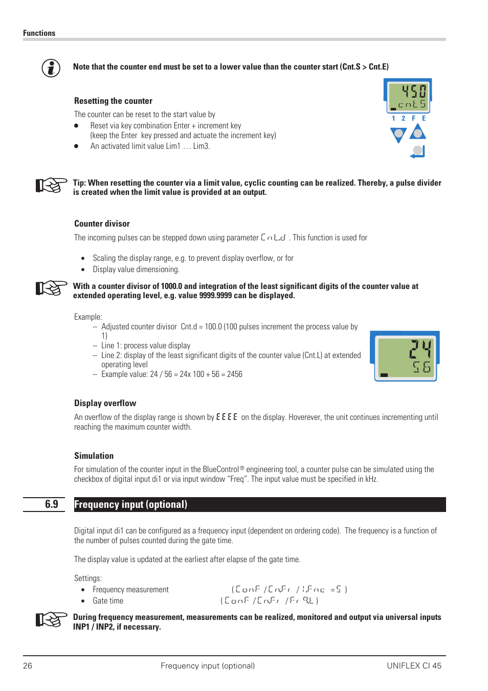 9 frequency input (optional) 26, Counter divisor 26, Display overflow 26 | Resetting the counter 26 | West Control Solutions CI 45 User Manual | Page 26 / 60