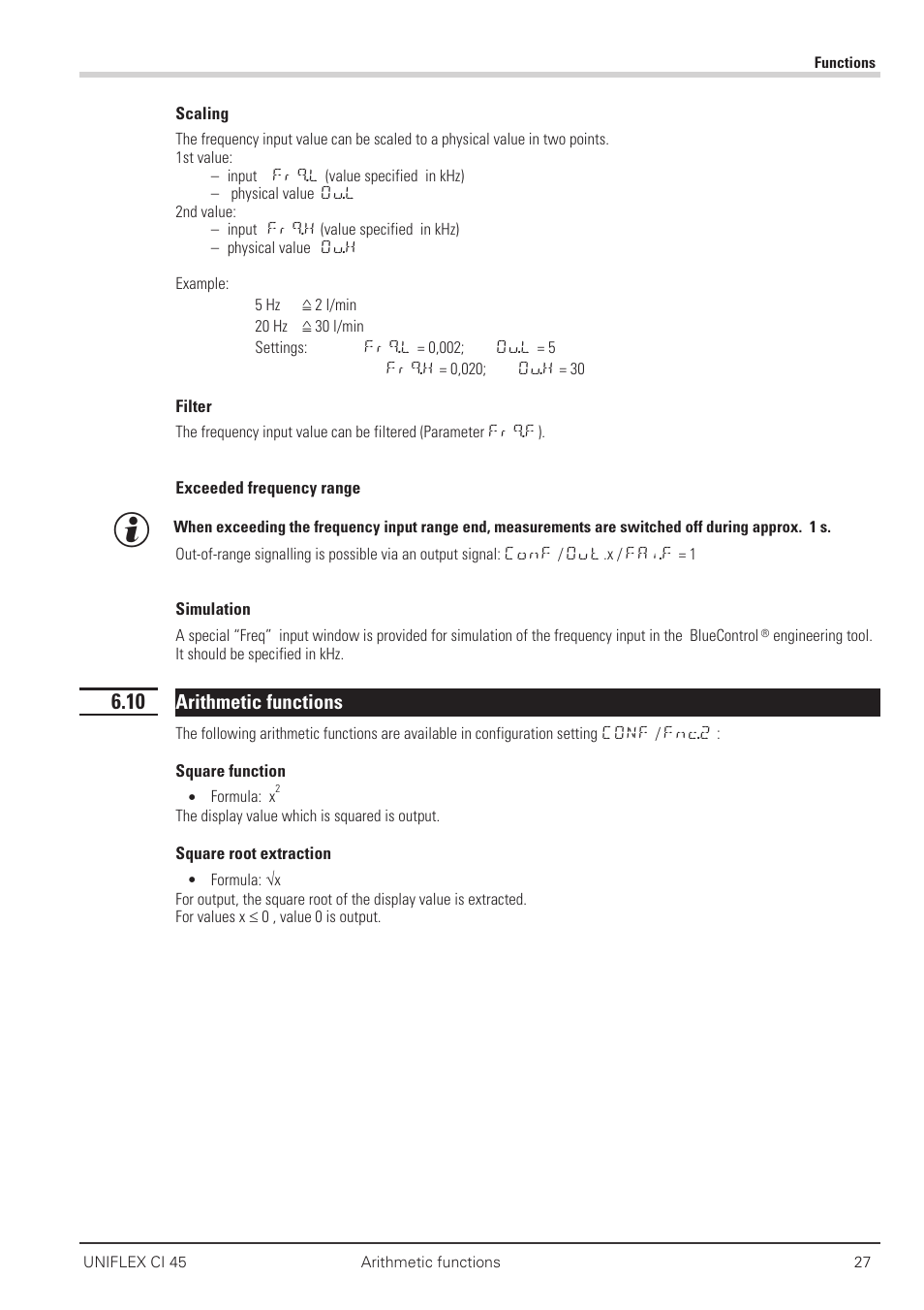 10 arithmetic functions 27, Arithmetic functions 27, Frequency filter 27 | Frequency scaling 27 | West Control Solutions CI 45 User Manual | Page 27 / 60