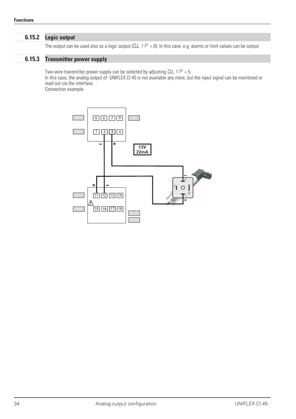 2 logic output 34, 3 transmitter power supply 34, Logic - output 34 | Transmitter power supply 34, Logic output, Transmitter power supply | West Control Solutions CI 45 User Manual | Page 34 / 60