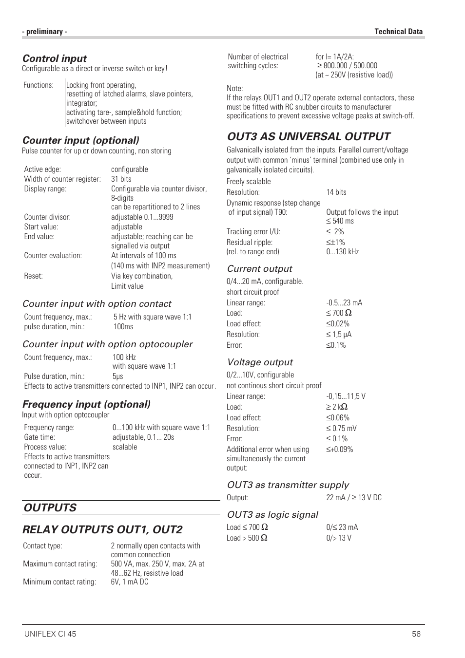 Outputs relay outputs out1, out2, Out3 as universal output, Control input | Counter input (optional), Frequency input (optional) | West Control Solutions CI 45 User Manual | Page 56 / 60
