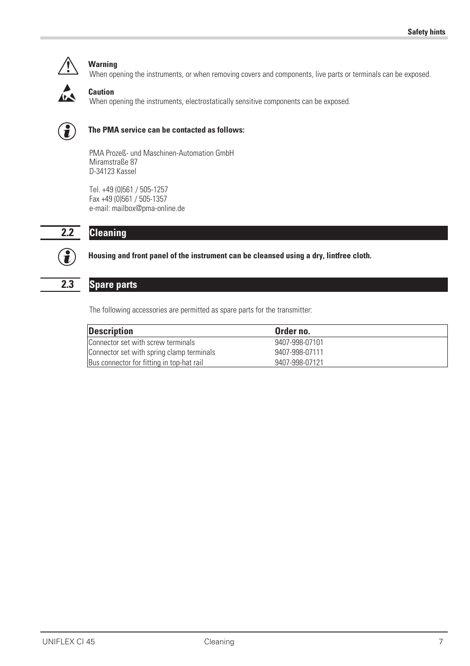 2 cleaning 7, 3 spare parts 7, Cleaning 7 | West Control Solutions CI 45 User Manual | Page 7 / 60