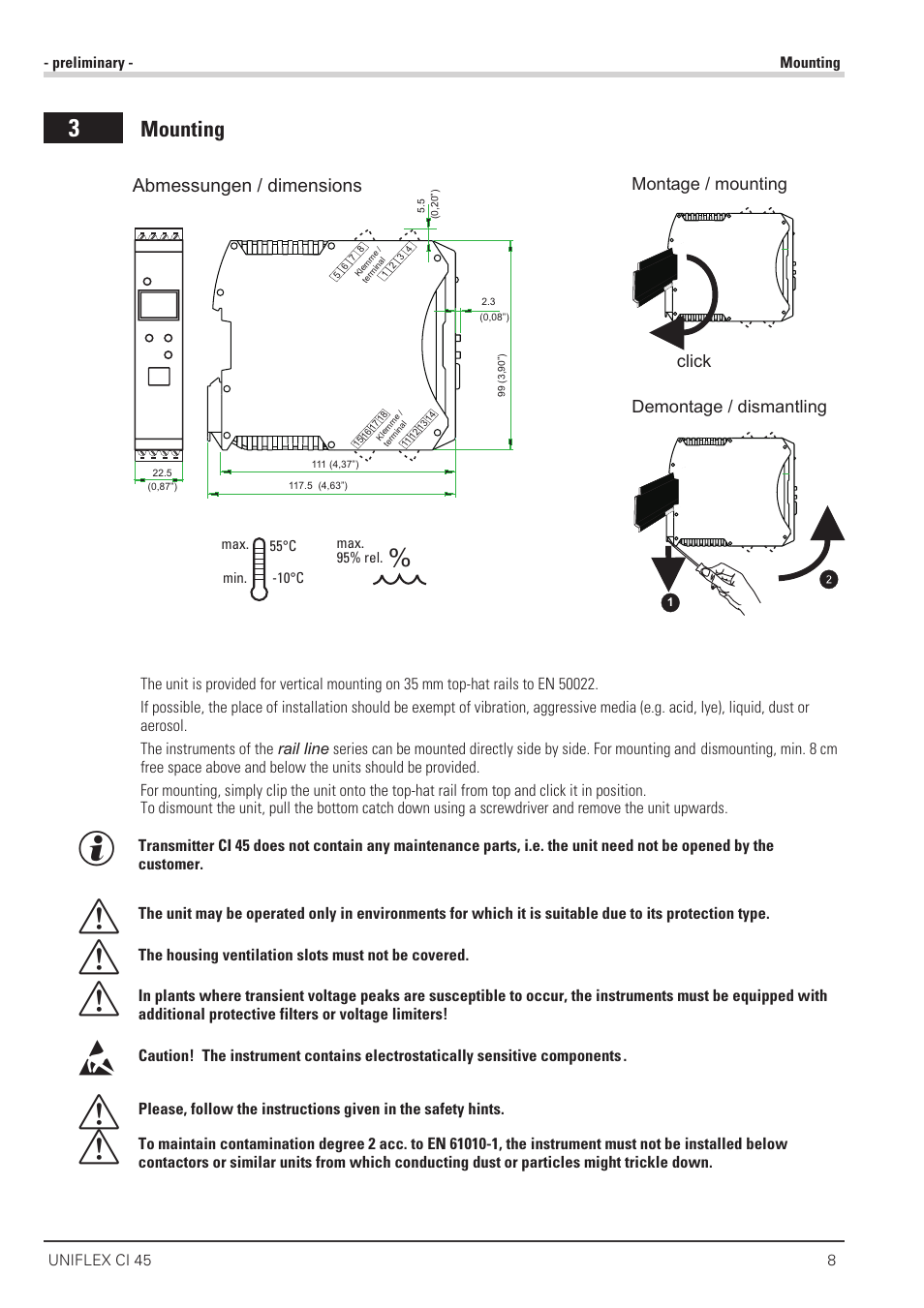 Mounting 8, Dismounting 8, Mounting 8 - 9 | Mounting, Abmessungen / dimensions | West Control Solutions CI 45 User Manual | Page 8 / 60