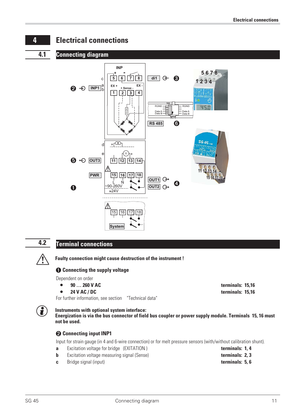 Electrical connections 11, 1 connecting diagram 11, 2 terminal connections 11 | Inp1 11, Connecting diagram 11, 13, 4 electrical connections, Connecting diagram, Terminal connections | West Control Solutions SG 45 User Manual | Page 11 / 56