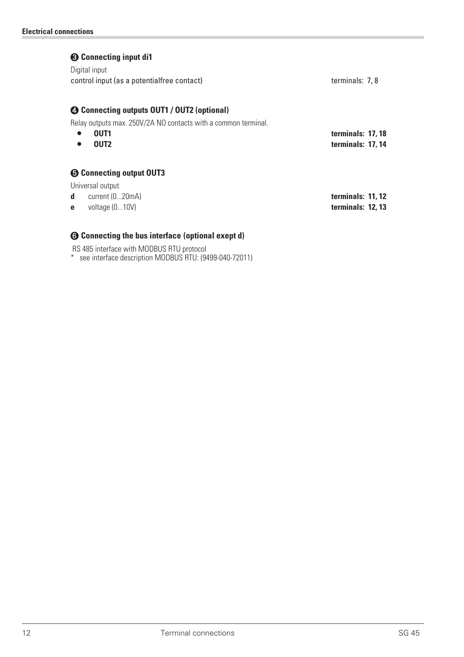 Bus interface 12, Di1 12, Out1, out2 12 | Out3 12 | West Control Solutions SG 45 User Manual | Page 12 / 56