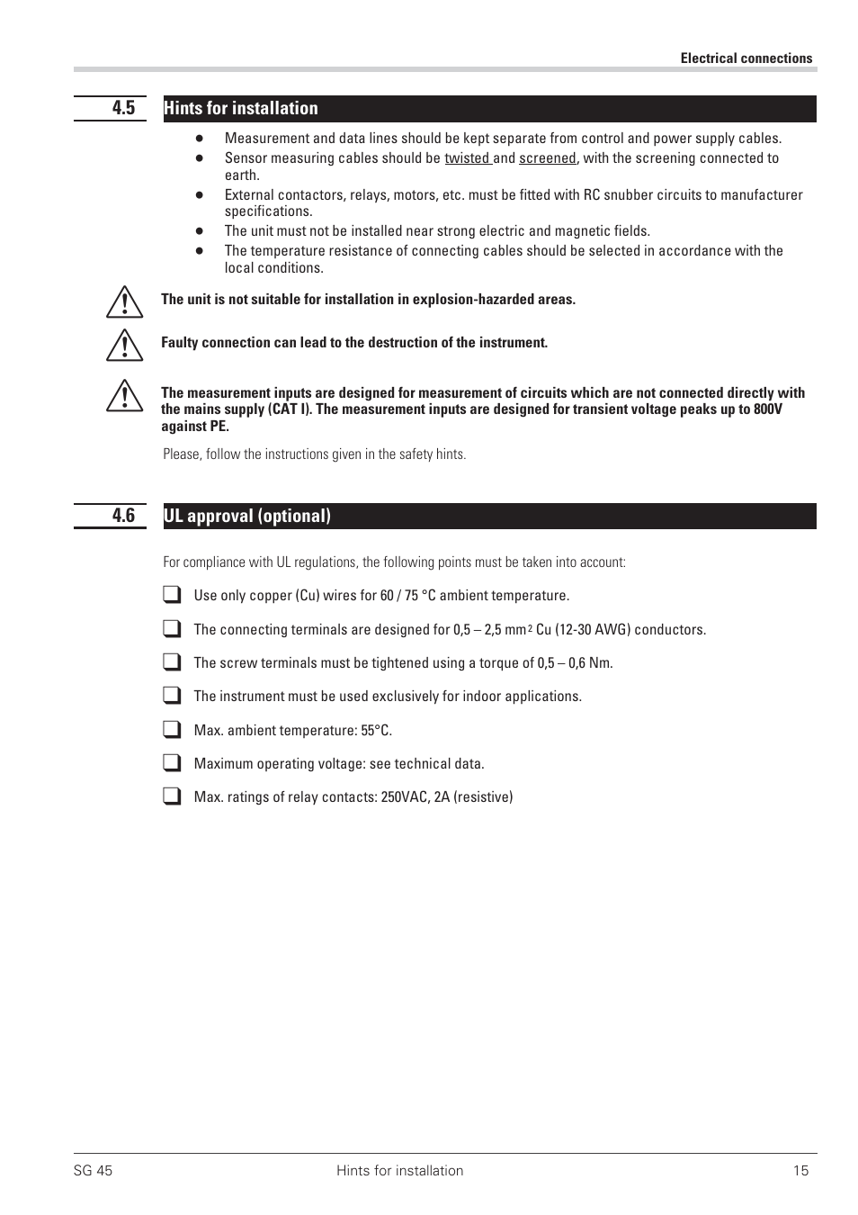 5 hints for installation 15, 6 ul approval (optional) 15, Installation hints 15 | Ul - approval 15 | West Control Solutions SG 45 User Manual | Page 15 / 56