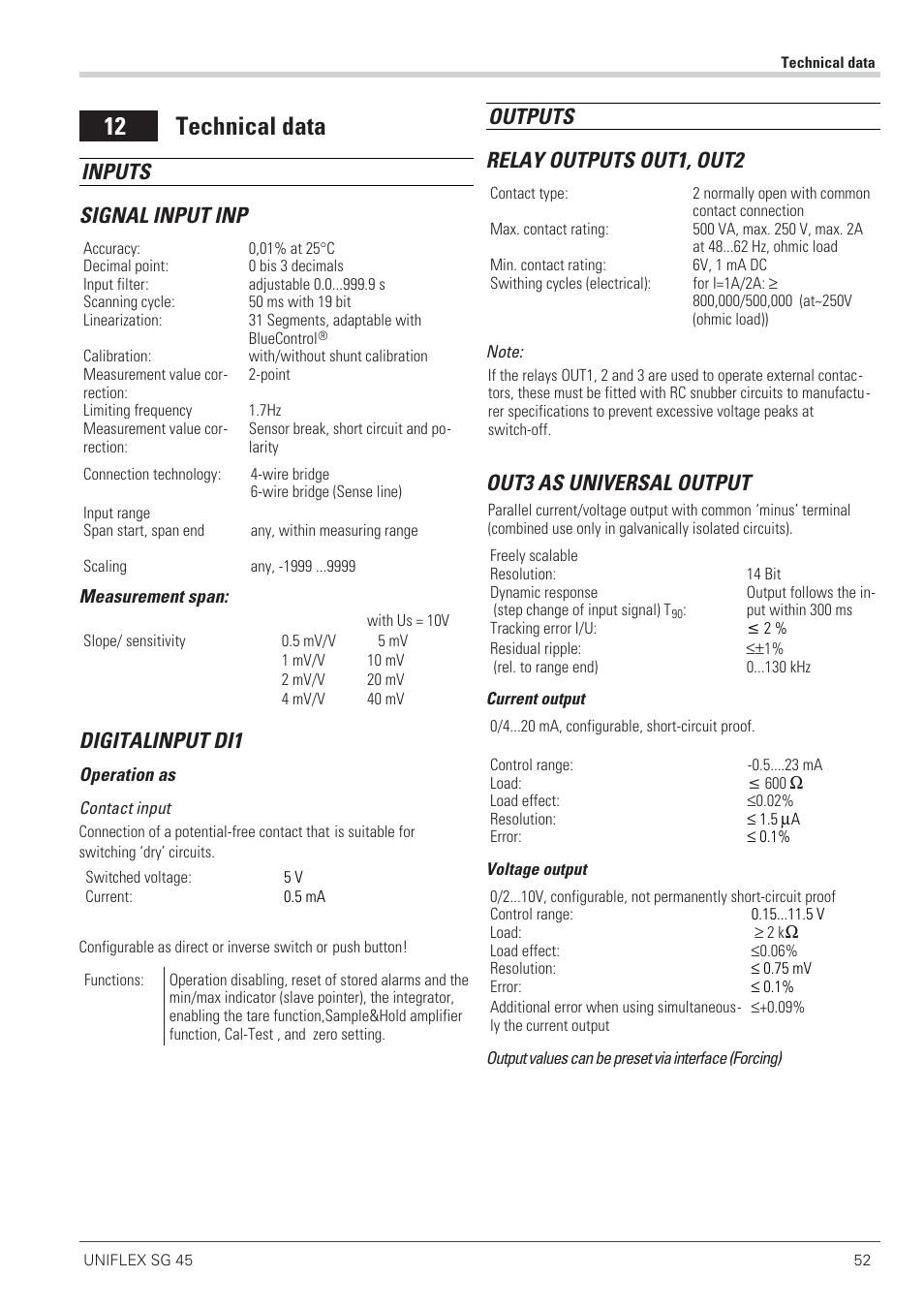 12 technical data, Inputs signal input inp, Digitalinput di1 | Outputs relay outputs out1, out2, Out3 as universal output | West Control Solutions SG 45 User Manual | Page 52 / 56
