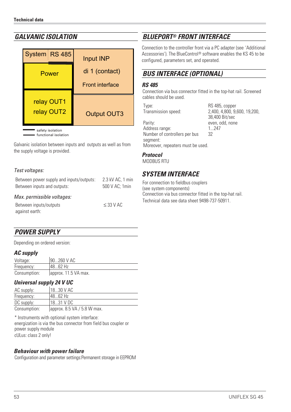 Galvanic isolation, Power supply, Blueport | Front interface, Bus interface (optional), System interface | West Control Solutions SG 45 User Manual | Page 53 / 56