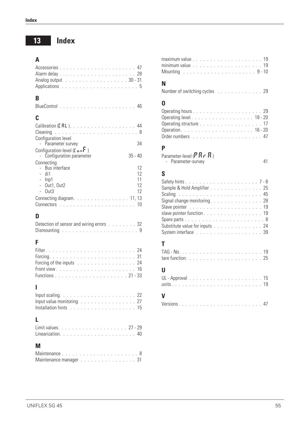 13 index, Para | West Control Solutions SG 45 User Manual | Page 55 / 56