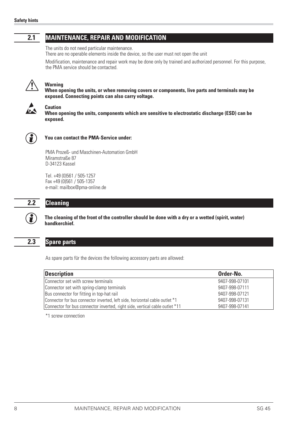 1 maintenance, repair and modification 8, 2 cleaning 8, 3 spare parts 8 | Cleaning 8, Maintenance 8, Spare parts 8 | West Control Solutions SG 45 User Manual | Page 8 / 56