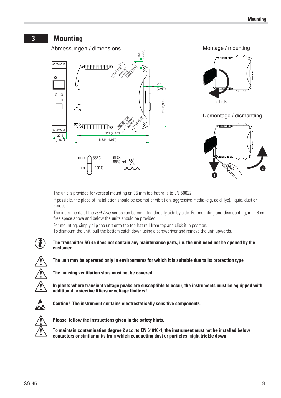 Mounting 9, Dismounting 9, Mounting 9 - 10 | 3 mounting | West Control Solutions SG 45 User Manual | Page 9 / 56